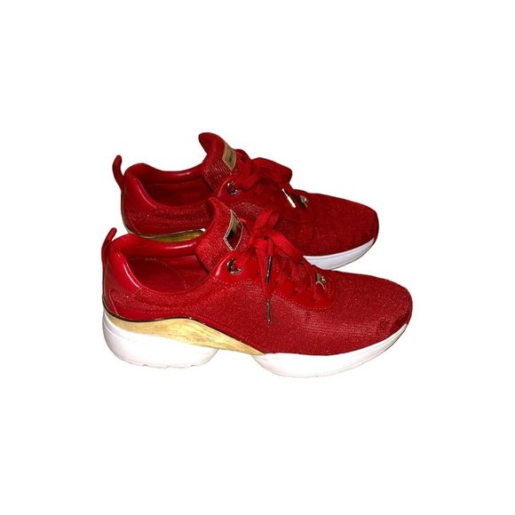 Michael Kors Shoes - Michael Kors Red Jada Trainer Lace Up Low Top Sneakers With Gold Accents Size 7